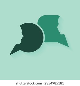 Solid silhouette of man and woman head with speech bubbles. Different thoughts and words. Understanding between male and female persons