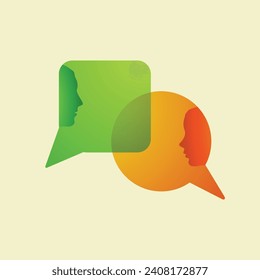 Solid silhouette of man and woman head with speech bubbles. Different thoughts and words. Understanding between male and female persons