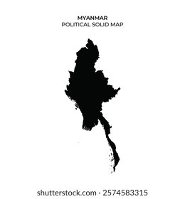 A solid silhouette of Myanmar is displayed on a clean white background, showcasing the geographical outline and distinct shape of the country. The map highlights Myanmars borders.