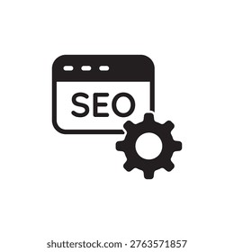 Solid silhouette vector browser window showing SEO text and a gear, indicating direct webmaster settings, integration, and platform tools.