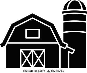 Solid silhouette vector of a farm barn with a silo for agriculture, countryside landscape, rural farming, and livestock storage,