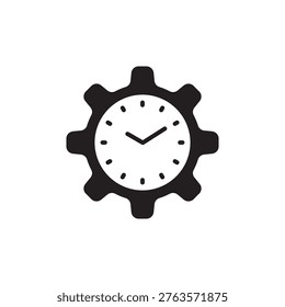 Solid silhouette vector gear with a clock inside, representing technical SEO processes, backend operations, and optimization efficiency.