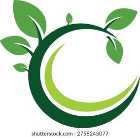 Solid silhouette vector green leaf logo, circular ecology emblem with growing plant branches for environmental nature and sustainability concepts