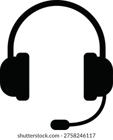 Solid silhouette vector headset with microphone icon, customer support and call center communication symbol, isolated professional telemarketing service illustration.