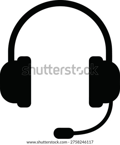 Solid silhouette vector headset with microphone icon, customer support and call center communication symbol, isolated professional telemarketing service illustration.