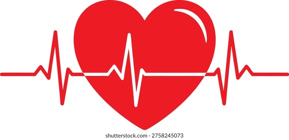 Solid silhouette vector heart beat pulse line, medical cardiogram icon with red heart shape for healthcare and cardiology diagnostic services isolated