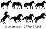 Solid silhouette vector horse collection, stallion running and jumping shapes, equestrian animal icons, wildlife elements for ranch design, black icons.