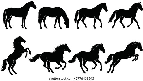 Solid silhouette vector horse collection, stallion running and jumping shapes, equestrian animal icons, wildlife elements for ranch design, black icons.