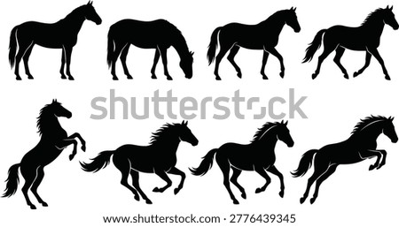 Solid silhouette vector horse collection, stallion running and jumping shapes, equestrian animal icons, wildlife elements for ranch design, black icons.
