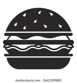 Un icono de Vector de silueta sólida de una hamburguesa sabrosa. Este gráfico versátil es perfecto para logotipos, publicidad de comida rápida, íconos de menú y Sitios web o App relacionados con la comida que requieren un diseño atrevido y simple 