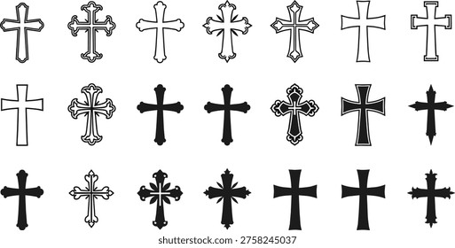 Solid silhouette vector icons set of religious christian crosses, crucifix symbols, spiritual church elements, and gothic decorative ornaments, isolated,
