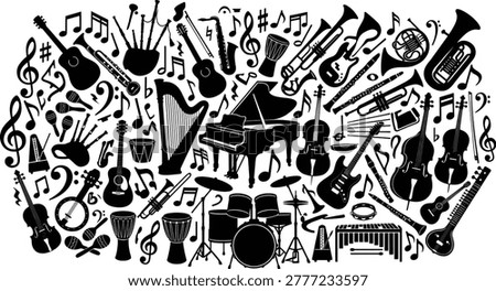 Solid silhouette vector musical instruments collection, orchestral piano guitar drum set violin icons, acoustic jazz classical equipment, artistic sound symbols, isolated graphics.