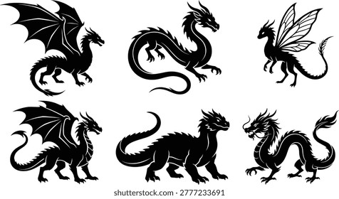 Solid silhouette vector mythical dragon collection, flying winged fantasy beast icons, oriental and western folklore monsters, isolated mystical creature graphics, ancient mystery.