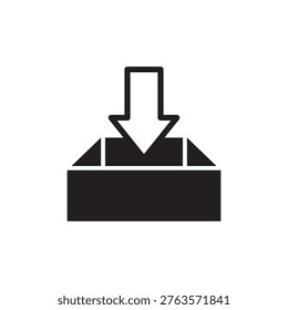 Solid silhouette vector open box with a downward arrow, representing data scraping, information download, and incoming file imports.