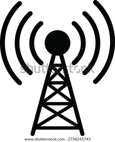 Solid silhouette vector radio tower icon, telecommunication mast with signal waves, wireless network transmitter for communication technology design.