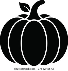 Solid silhouette vector of ripe pumpkin with leaf, autumn vegetable icon, harvest symbol, isolated seasonal food graphic for design, orange gourd.