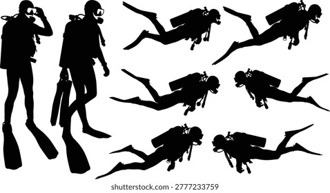 Solid silhouette vector scuba diver icons, underwater swimmers with oxygen tanks and flippers, deep sea exploration characters for diving club, summer vacation, aquatic sports.