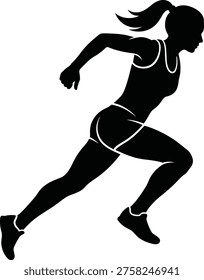 Solid silhouette vector of sprinting women, female athletes running fast, marathon runners jogging, active lifestyle fitness sport exercise isolated on white