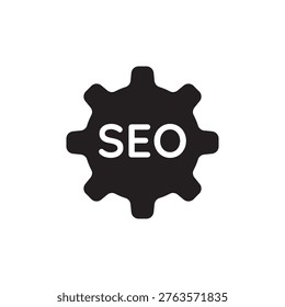 Solid silhouette vector technical gear icon with SEO text inside, illustrating the core search engine mechanism and backend integration.