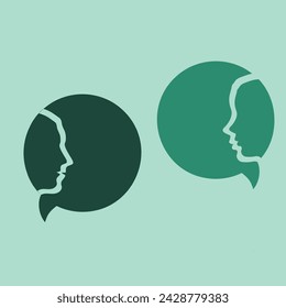 Solid silhouettes of man and woman heads with speach bubble circle and sample text. Different thoughts and words. Understanding between male and female persons