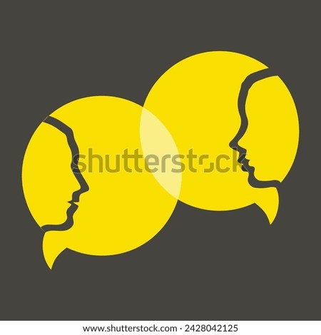 Solid silhouettes of man and woman heads with speach bubble circle and sample text. Different thoughts and words. Understanding between male and female persons