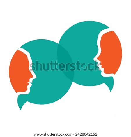 Solid silhouettes of man and woman heads with speach bubble circle and sample text. Different thoughts and words. Understanding between male and female persons
