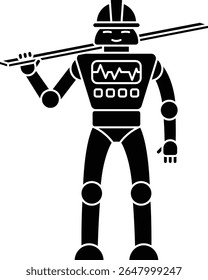 A solid silhouette-style of heavy-duty construction robots with wood plank and safety construction helmet. Ideal for automation, industry, or futuristic building themes.