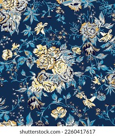 a solid simple abstract roses flowers and stalk leaves motif arrangement with dual-color tone, all over vector design with navy background for textile printing factory