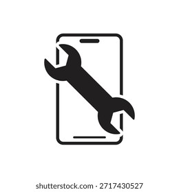 Solid smartphone silhouette with wrench for service help