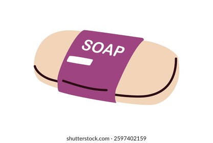 Solid soap bar. Body and hand care, hygiene, skincare product wrapped in paper label, package. Cleaning washing moisturizing bath cosmetics. Flat vector illustration isolated on white background