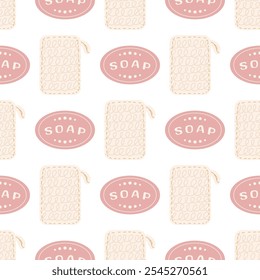 Solid soap and knitted washcloth. Seamless pattern. Plastic-free eco-friendly lifestyle concept