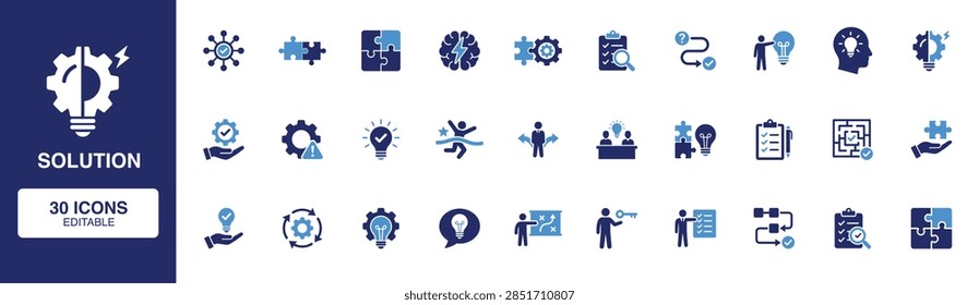 Solid solution icon set featuring idea, puzzle, gears, problem, checklist, strategy, teamwork and answer.