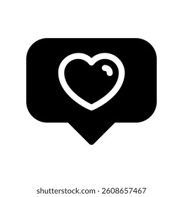 Solid speech bubble containing heart symbol for like or favorite notification