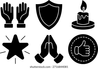 Iconos espirituales sólidos con manos de oración, escudo y vela