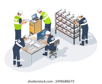 solid state battery Research and Development batteries  engineer team for ev car isometric isolated cartoon