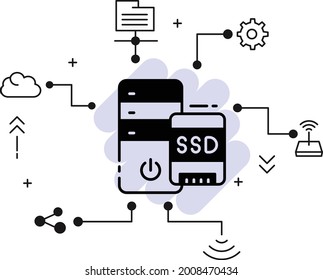 Solid State Drive Server Machine Concept, SSD Equiped Machine Vector Icon Design, Cloud computing and Internet hosting services Symbol, server-based flash drive stock illustration