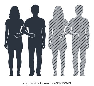 Solid and striped silhouette of male and female interlocking arms, vector illustration.