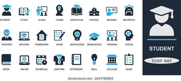 A Solid student icon set. Featuring school, study, exam, book, graduation, online class, course, and knowledge. Perfect for education and UI design.