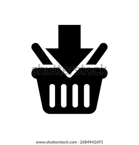 A solid style icon of a basket with a download arrow.