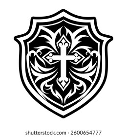 A solid style icon of cross shield symbol