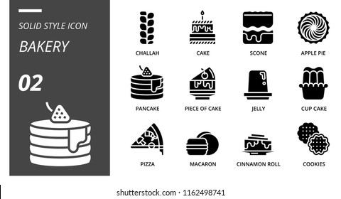 Solid Style Icon Pack For Bakery, Challah, Cake, Scone, Apple Pie, Pancake, Piece Of Cake, Jelly, Cup Cake, Pizza, Macaron, Cinnamon Roll,cookies.