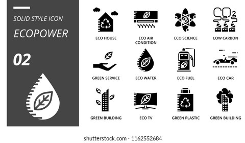 Solid Style Icon Pack For Ecopower, Eco House, Eco Air Condition, Science, Low Carbon, Green Service, Eco Water, Fuel, Eco Car, Green Building, Tv, Green Plastic, Green Building