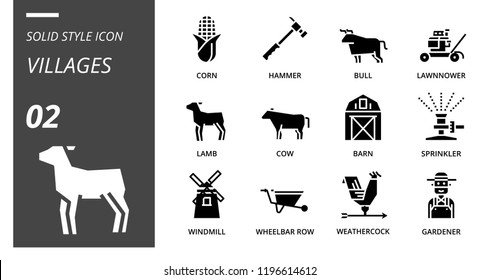 Solid style icon pack for villages, corn, hammer, bull, lawnnower, lamb, cow, barn, sprinkler, windmill, wheelbar row, weathercock, gardener