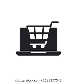 Solid style icon showing a shopping cart on a laptop screen.