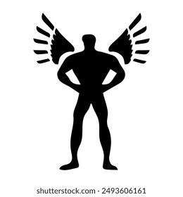 A solid style icon of a standing winged man 