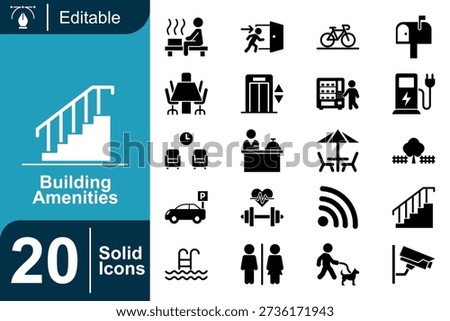 Solid style icons depicting indoor and outdoor building facilities with strong shapes for instant recognition. Suitable for UI systems, wayfinding graphics, hotel guides, and commercial property presentations.