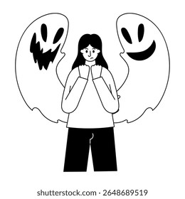 Uma ilustração de estilo sólido mostrando uma pessoa com medo de fantasma 
