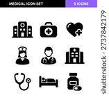Solid Style Medical Care and Treatment Element Symbol Icon Set
