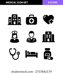 Solid Style Medical Care and Treatment Element Symbol Icon Set