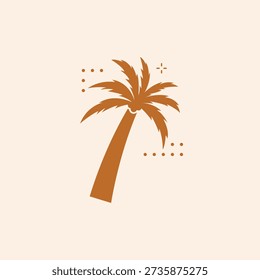 Uma silhueta sólida e estilizada de uma palmeira inclinada com brilho decorativo e acentos geométricos, evocando uma estética tropical e descontraída.